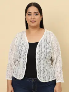 UnaOne Plus Size Self Design Open Front Cotton Shrug