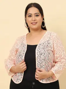 UnaOne Plus Size Self Design Open Front Cotton Shrug