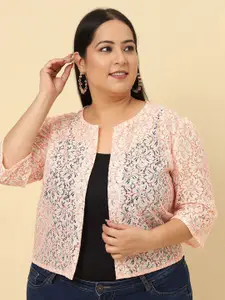 UnaOne Plus Size Self Design Open Front Cotton Shrug