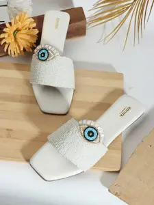 Anouk White & Blue Evil Eye Embellished Classic Open Toe Flats