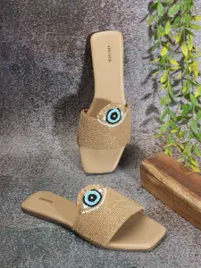 Anouk Beige Embellished Evil Eye Classic Open Toe Flats