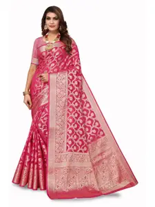 Varanga Pink & Gold-Toned Ethnic Motifs Woven Design Zari Organza Banarasi Saree