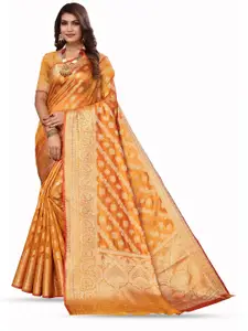 Varanga Orange-Coloured & Gold-Toned Ethnic Motifs Woven Design Organza Banarasi Saree