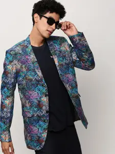 SHOWOFF Slim-Fit Printed Notched Lapel Collar Single Breasted Cotton Casual Blazer