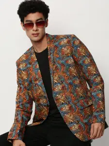 SHOWOFF Animal Printed Slim-Fit Notched Lapel Collar Single Cotton Breasted Blazer