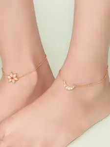 Unniyarcha Set Of 2 Gold-Plated Star & Moon Artificial Stones-Stubbed Anklets