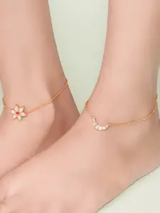 Unniyarcha Set Of 2 92.5 Sterling Silver Gold-Plated Artificial Stones-Studded Anklets