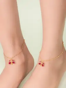 Unniyarcha Set Of 2 92.5 Sterling Silver Gold-Plated Stone-Studded Anklets