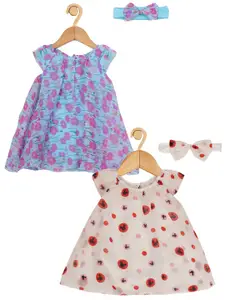 Creative Kids Girls Pack of 2 Printed Cap Sleeves A-Line Dresses With Hairband