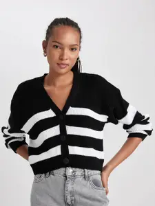 DeFacto Striped V-Neck Crop Cardigan Sweater