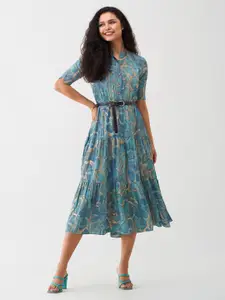AASK Animal Printed Shirt Collar Gathered Tiered Fit & Flare Midi Dress With Belt