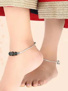Anouk Set Of 2 Silver-Plated Stone Beaded Oxidized Anklets