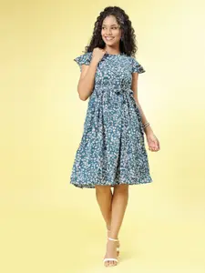 Oomph! Floral Printed Flared Sleeves Fit & Flare Knee Length Dress