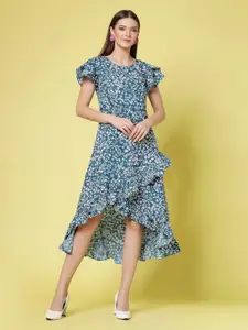 Oomph! Floral Printed Flutter Sleeve Ruffled Fit & Flare Midi Crepe Dress