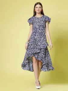 Oomph! Floral Motif Printed Flutter Sleeve Ruffled A-Line Midi Dress