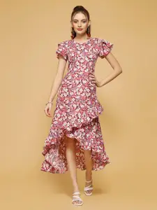 Oomph! Floral Print Ruffled Crepe A-Line Midi Dress