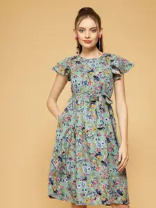 Oomph! Floral Printed Flared Sleeves Fit & Flare Knee Length Dress