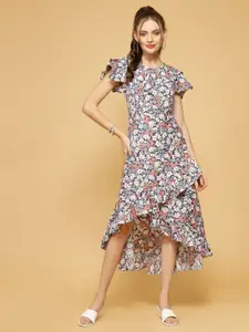 Oomph! Floral Printed Ruffled Flutter Sleeves A-Line Dress