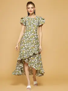 Oomph! Floral Printed Flutter Sleeve Ruffled Crepe A-Line Midi Dress