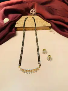 ABDESIGNS Gold-Plated America Diamond-Studded & Beaded Mangalsutra With Earrings