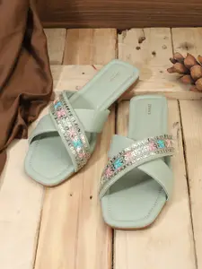 Anouk Sea Green & Pink Embroidered Cross Strap Open Toe Flats