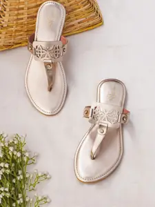 THE WHITE POLE Ethnic T-Strap Flats with Laser Cuts