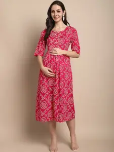 KALINI Bandhani Printed Maternity Fit & Flare Midi Dress
