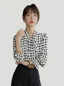 JC Collection Graphic Printed Tie-Up Collar Puff Sleeves Casual Shirt