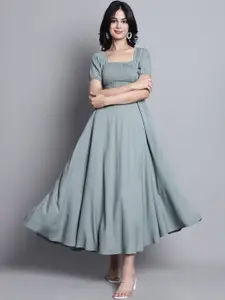 BAESD Square Neck Puff Sleeves Smocked Fit & Flare Midi Dress