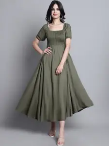 BAESD Square Neck Puff Sleeves Smocked Fit & Flare Midi Dress