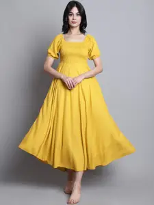 BAESD Square Neck Puff Sleeves Smocked Fit & Flare Midi Dress