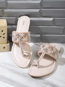 Anouk Cream-Coloured Embellished Ethnic One Toe Flats
