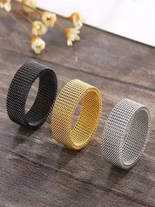 MEENAZ Men Set Of 3 Silver-Plated Stainless Steel Band Finger Ring