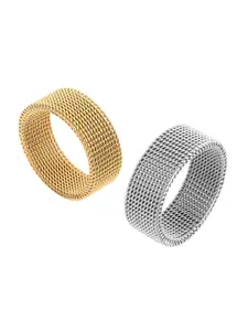 MEENAZ Men Set Of 2 Gold-Plated Stainless Steel Band Finger Ring
