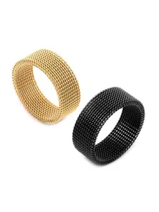 MEENAZ Men Set Of 2 Stainless Steel Gold-Plated Band Finger Rings