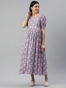 Swishchick Floral Print Puff Sleeve Maternity Fit & Flare Maxi Dress