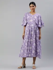 Swishchick Floral Print Gathered Flared Sleeve Maternity Fit & Flare Midi Dress