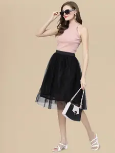 DressBerry Black Knee Length Semi Sheer Flared Skirt
