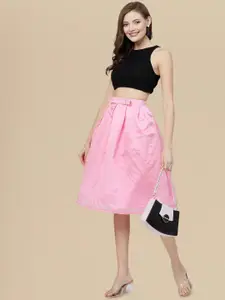 DressBerry Pleated Knee Length Flared Skirt With Belt