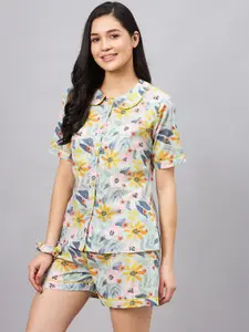 WineRed Floral Printed Peter Pan Collar Pure Cotton Night suit