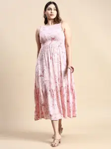 SHOWOFF Plus Size Conversational Printed Round Neck Smocked A-Line Midi Dress
