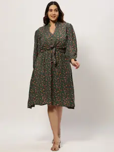 SHOWOFF Plus Plus Size Floral Printed Georgette A Line Dress With Overcoat