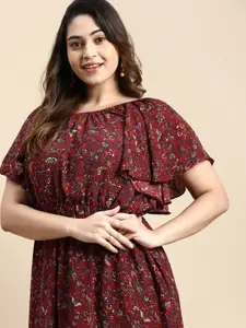 SHOWOFF Plus Plus Size Floral Printed Flutter Sleeve Gathered Fit & Flare Dress