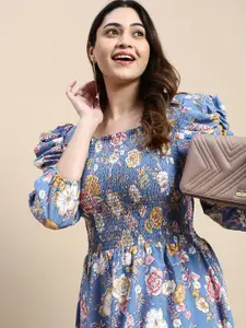 SHOWOFF Plus Floral Printed Puff Sleeve Smocked Fit & Flare Dress