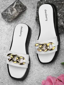 DressBerry White & Gold-Toned Embellished Open Toe Flats