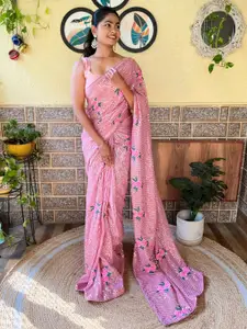Mitera Pink & Green Floral Printed Sequinned Saree