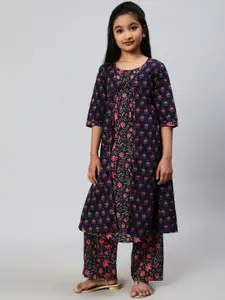 Aks Kids Girls Floral Printed Pure Cotton A-line Kurta And Attached Jacket With Palazzos