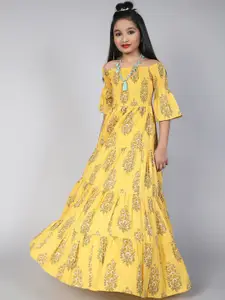 Aks Kids Girls Floral Printed Cotton Off-Shoulder Bell Sleeve Maxi Ethnic Dresses