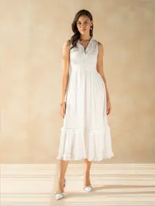 Femella Self Design V-Neck Sleeveless Gathered Georgette Casual A-Line Midi Dress