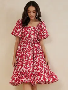 Femella Floral Printed Flared Sleeve Smocked Tiered Fit & Flare Dress